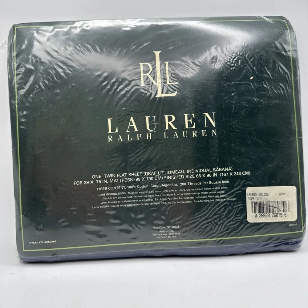 Ralph Lauren TWIN Flat Bed Sheet Navy Blue USA Made 100% Cotton Vtg 90s Polo